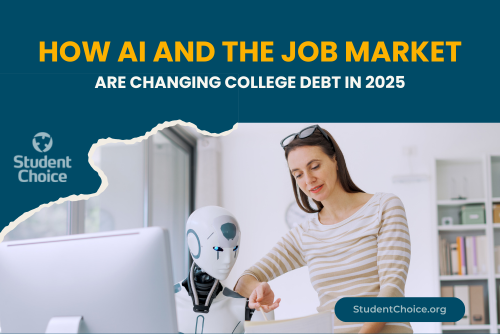 A robot and a woman examine a paper, signifying college debt AI job market shifts in 2025
